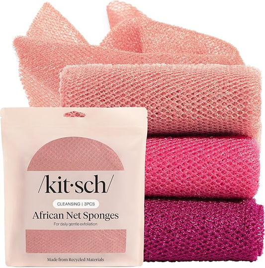 Kitsch African Net Sponge – Exfoliating Body Scrubber for Cleansing & Gentle Daily Exfoliation – Stretchable Bath Sponge for Hard-to-Reach Areas, Long-Lasting Shower Essential - Berry Pink, 3 Pcs
