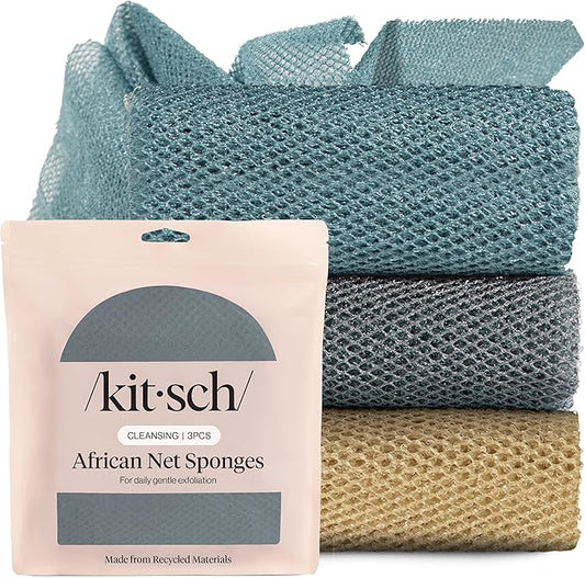 Kitsch African Net Sponge – Exfoliating Body Scrubber for Cleansing & Gentle Daily Exfoliation – Stretchable Bath Sponge for Hard-to-Reach Areas, Long-Lasting Shower Essential - Aqua Grey, 3 Pcs