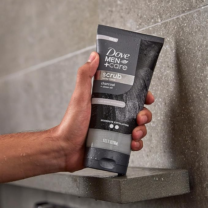 DOVE MEN + CARE Body and Face Scrub Charcoal & Clove Oil Deeply Exfoliates for Hydrated & Nourished Skin 100% Gentle Cleanser, No Sulfate Cleansers or Parabens 9 oz