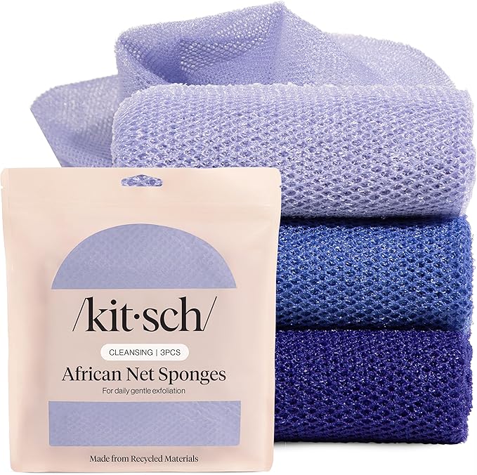 Kitsch African Net Sponge – Exfoliating Body Scrubber for Cleansing & Gentle Daily Exfoliation – Stretchable Bath Sponge for Hard-to-Reach Areas, Long-Lasting Shower Essential - Ocean Blue, 3 Pcs