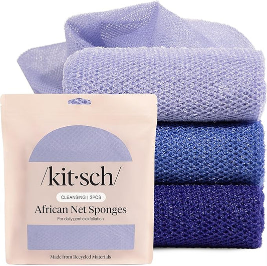 Kitsch African Net Sponge – Exfoliating Body Scrubber for Cleansing & Gentle Daily Exfoliation – Stretchable Bath Sponge for Hard-to-Reach Areas, Long-Lasting Shower Essential - Ocean Blue, 3 Pcs