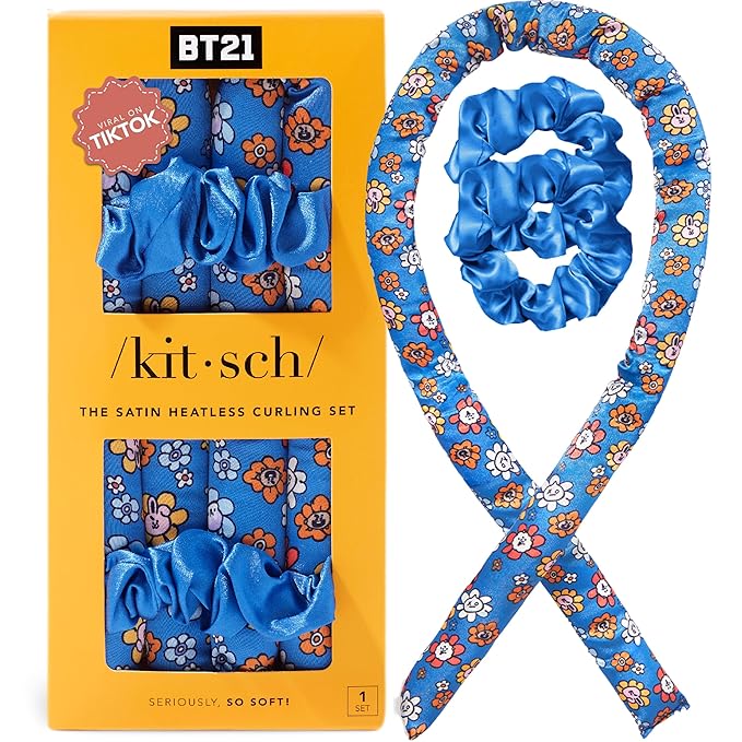 BT21 x Kitsch Satin Heatless Hair Curler Set - Heatless Curls Overnight, Hair Rollers for Soft Curls & Frizz-Free Styling, No Heat Curlers To Sleep in, Curling Rod Headband for Overnight Curl - BT21