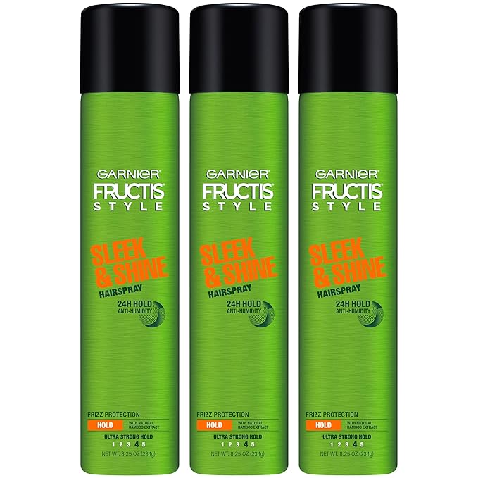 Garnier Fructis Style Sleek and Shine Anti-Humidity Hairspray, Ultra Strong Hold, Frizz Protection 8.25 Oz, 3 Count (Packaging May Vary)