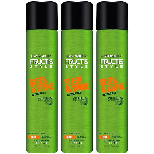 Garnier Fructis Style Sleek and Shine Anti-Humidity Hairspray, Ultra Strong Hold, Frizz Protection 8.25 Oz, 3 Count (Packaging May Vary)