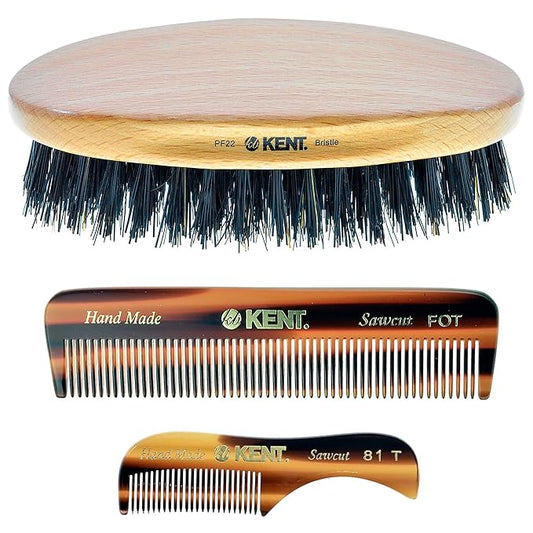 Kent Set of 3, 81T Small Beard and Mustache Comb, Fot All Fine Pocket Comb and PF22 Hair Brush and Beard Bruh, Best Beard and Mustache Grooming Kit for Travel and Home Beard Care, Made in England
