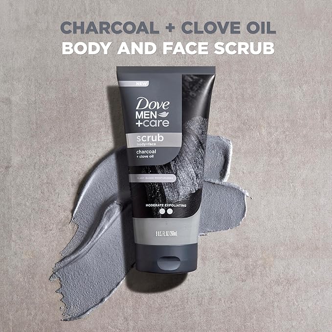 DOVE MEN + CARE Body and Face Scrub Charcoal & Clove Oil Deeply Exfoliates for Hydrated & Nourished Skin 100% Gentle Cleanser, No Sulfate Cleansers or Parabens 9 oz